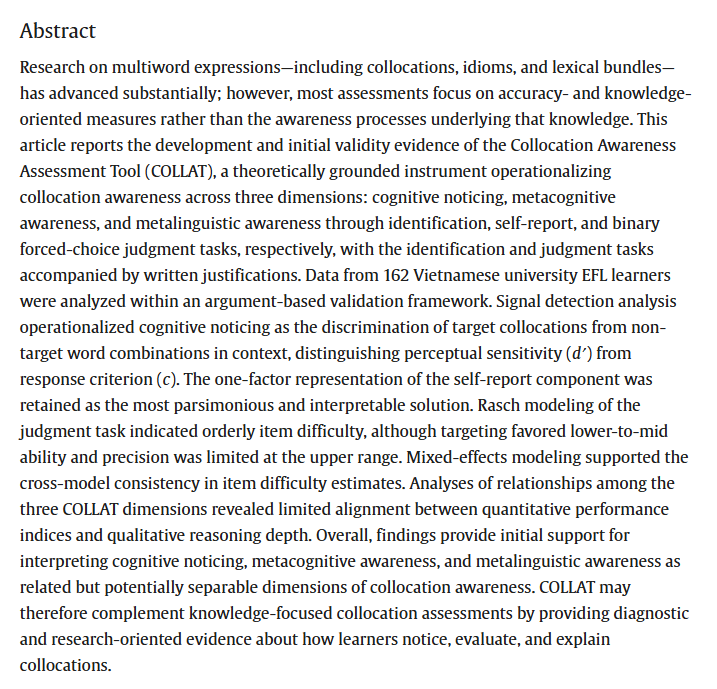 RMALJournal's tweet photo. New article: 
Chau, C. C., Reynolds, B. L., Ding, C., Szabo, C. Z., &amp; Boone, G. (2026). Developing COLLAT: Initial validation of a multidimensional collocation awareness assessment using signal detection and Rasch modeling: https://t.co/CzoVvKlrwY https://t.co/s2TMo11llv