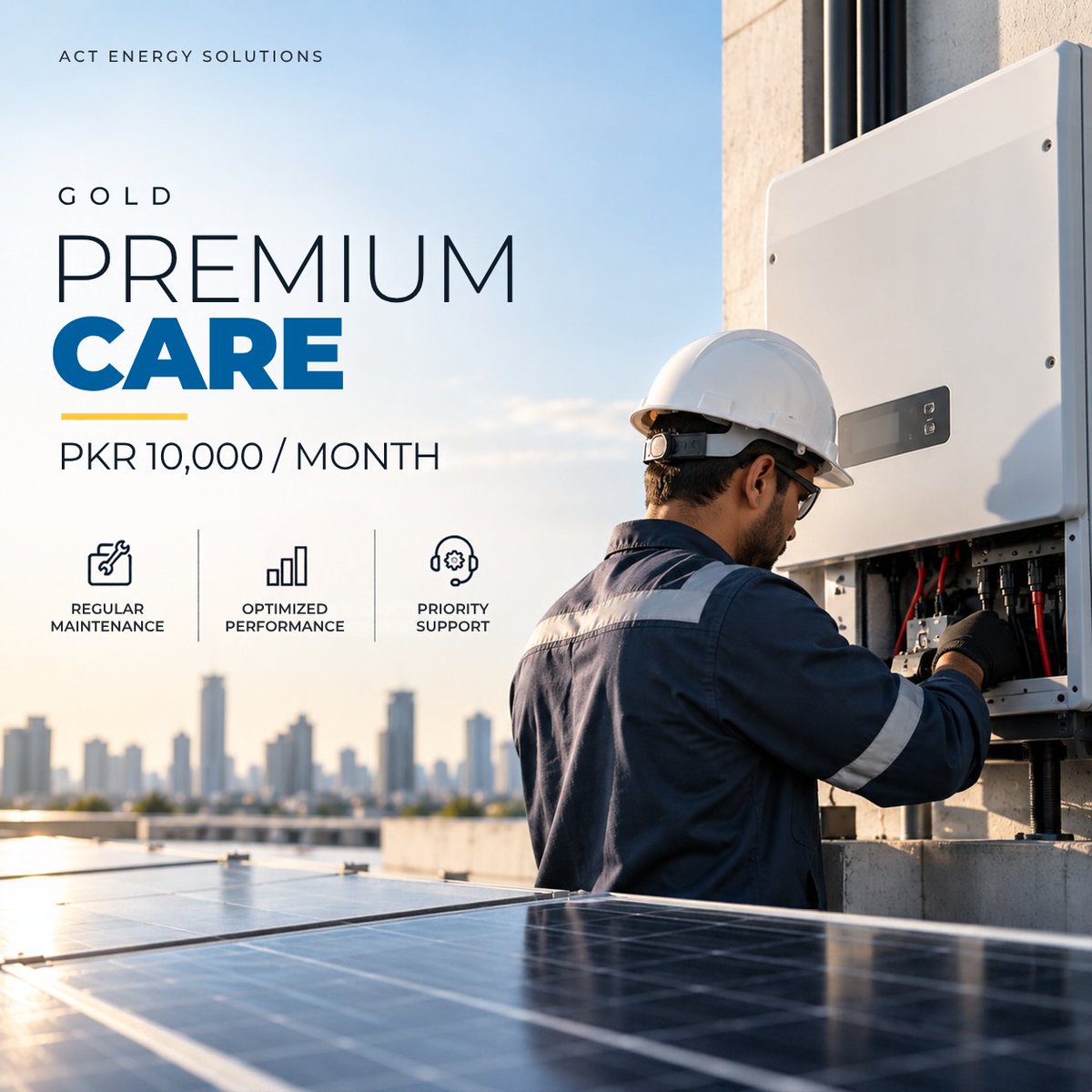 Actenergypower's tweet photo. Invested in solar? Don’t let poor maintenance reduce your system’s performance or lifespan.
Keep your solar system running at its best with ACT’s Operations &amp; Maintenance Care Plans, starting from just PKR 5,000/month.
 DM us to learn more! https://t.co/hFd6MCZSL9