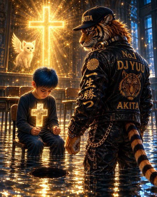 An AI-generated artwork depicts a young boy with a glowing cross on his shirt sitting beside an anthropomorphic tiger wearing an "AKITA" cap and a "DJYUU" jacket in a grand church setting.