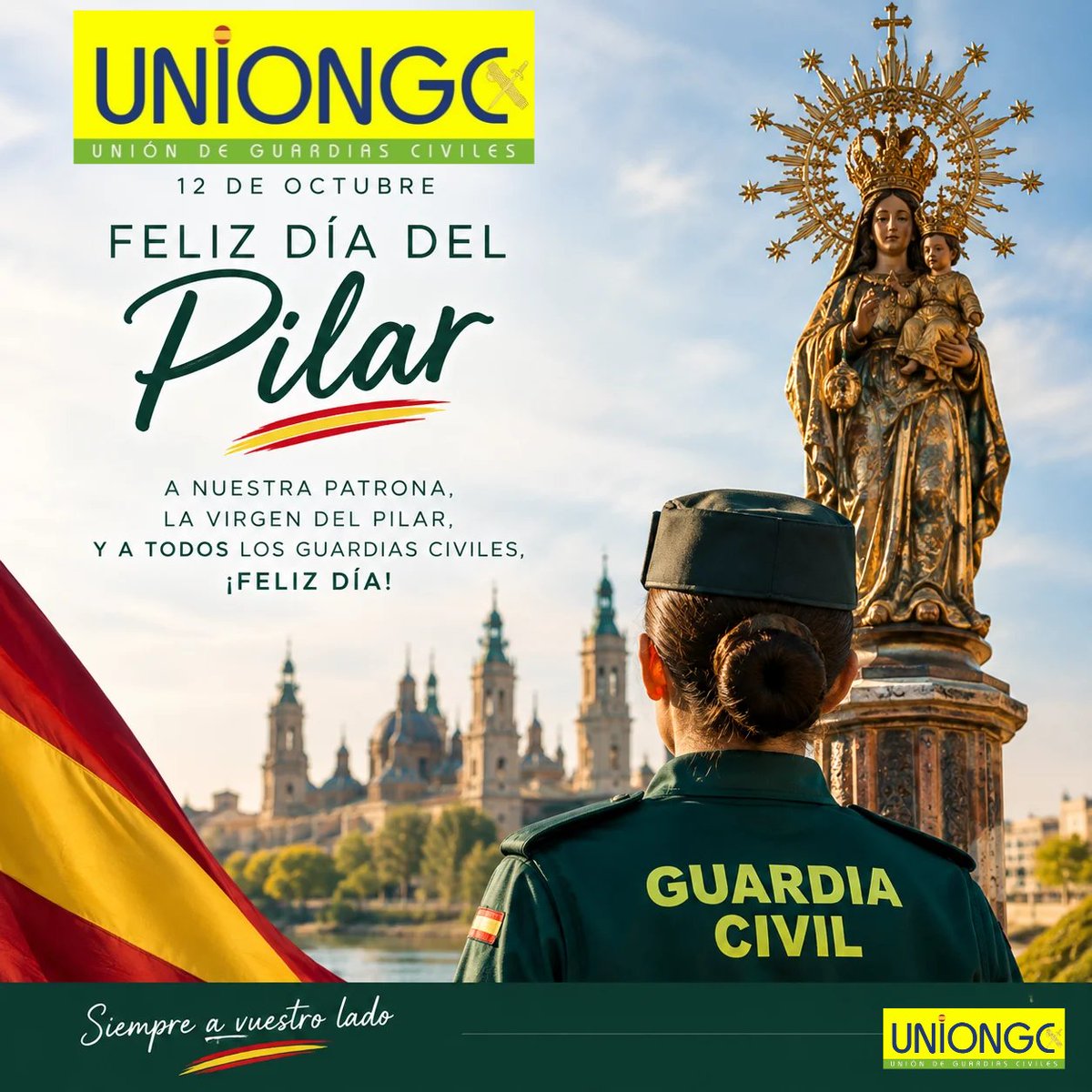 UnionGC's tweet photo. 💚🇪🇸 ¡Feliz Día del Pilar, compañer@s!

Desde UniónGC queremos felicitar a todos los guardias civiles y sus familias en el día de nuestra patrona.

Hoy es también una oportunidad para poner en valor la unión, el compañerismo y la fuerza de quienes compartimos una misma vocación de servicio y trabajamos cada día por una Guardia Civil mejor.

Seguiremos a vuestro lado, defendiendo vuestros derechos, apoyando a nuestros compañeros y trabajando juntos por el futuro de nuestra institución.

Porque unidos somos más fuertes. ¡Feliz Día del Pilar!

💚 ¡Viva la Guardia Civil!

#UniónGC #DíaDelPilar #GuardiaCivil #UnidosSomosMásFuertes