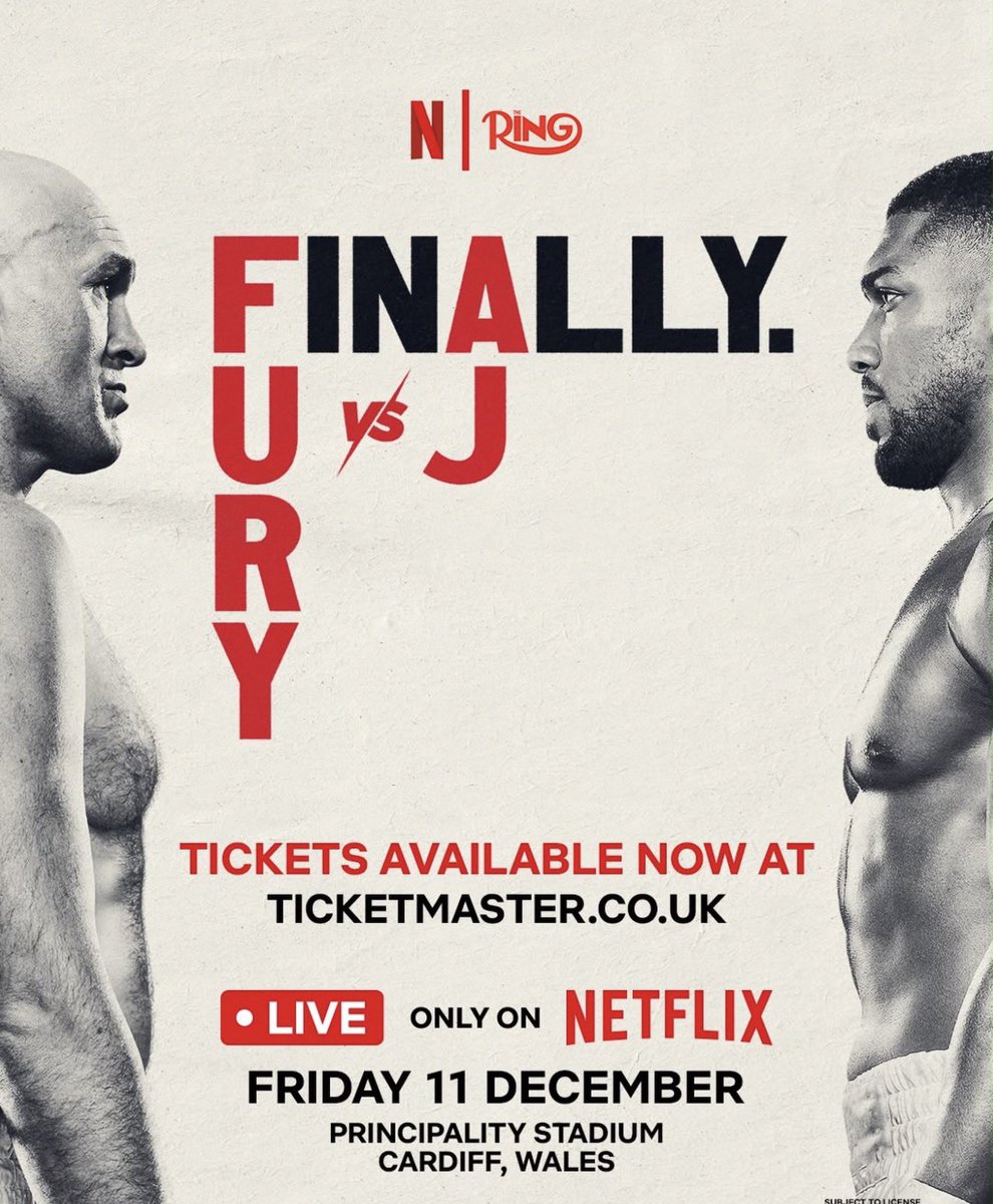 Tyson_Fury's tweet photo. FURY VS AJ TICKETS ON SALE NOW‼️

Secure your seat for the UK’s most anticipated fight at Principality Stadium in Cardiff, Wales. 

🎟️ https://t.co/qn0Mwq4ahx…

#FuryJoshua | @RingMagazine | Dec 11th | Live only on Netflix 🥊 https://t.co/FjTy31E2iO