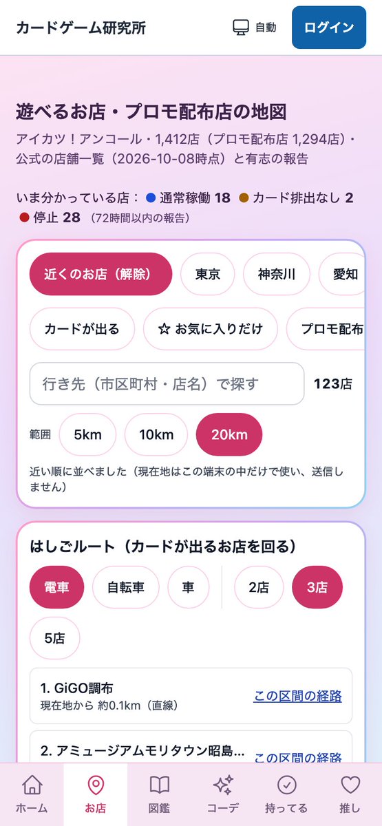 satsuki_lunar's tweet photo. 近くの「カードが出る」と報告のあるお店を、近い順に回るルートを出せるようにしました。
電車・自転車・車を選ぶと、Googleマップで経路を開けます（距離は直線の目安）。
https://t.co/dMO4lzPGd0
#アイカツアンコール #アイカツ好きと繋がりたい https://t.co/RjJs1EfCCF