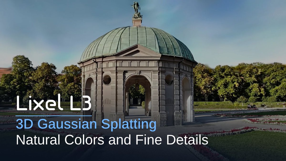An architectural rendering of a domed pavilion topped with a statue, presented as a demo of 'Lixel L3 3D Gaussian Splatting' with the tagline 'Natural Colors and Fine Details'.
