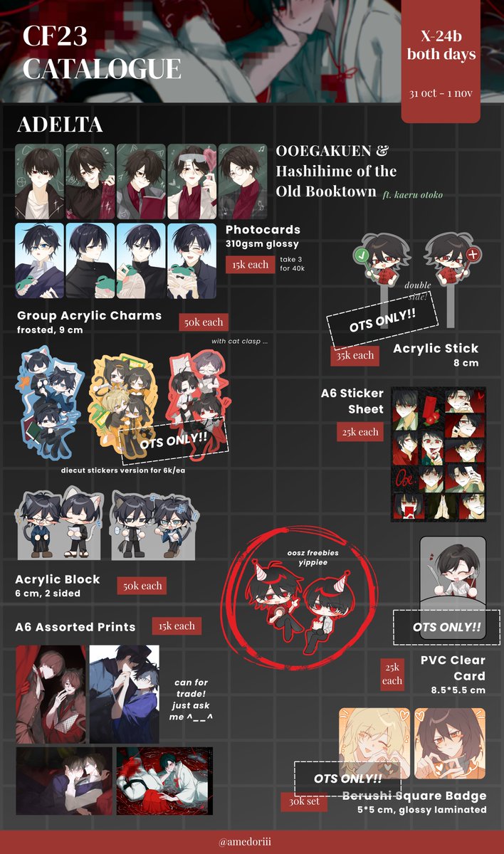 amedoriii's tweet photo. 🖤 &amp; 🔁 are very appreciated!

#CF23 OTS Catalogue &amp; PO batch 2

📅 9 Oct – 13 Oct
🛒 PICK UP ONLY / Rata Kanan X-24b (both days)

Fandoms : OOE , Hashihime of the Old Booktown , UuultraC , GSGW / GDCG , ORV , LOTM , Link Click 

#cf23catalogue #comifuro23 https://t.co/SBrLTIte2T