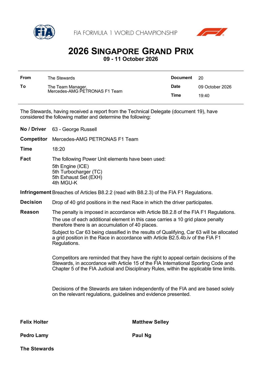 piiiiqmeme's tweet photo. ยืนยันอย่างเป็นทางการ เรซสิงคโปร์น้องจ้อจเปลี่ยนชิ้นส่วนใหม่ไปทั้งหมด 4 พาร์ท รวมแล้วต้องรับโทษปรับอันดับกริด 40 อันดับ คนอื่นเริ่มสตาร์ทที่ยาสมาริน่าได้เลยส่วนน้องจ้อจกุเริ่มที่กรุงเทพ https://t.co/EkQXetUPRc