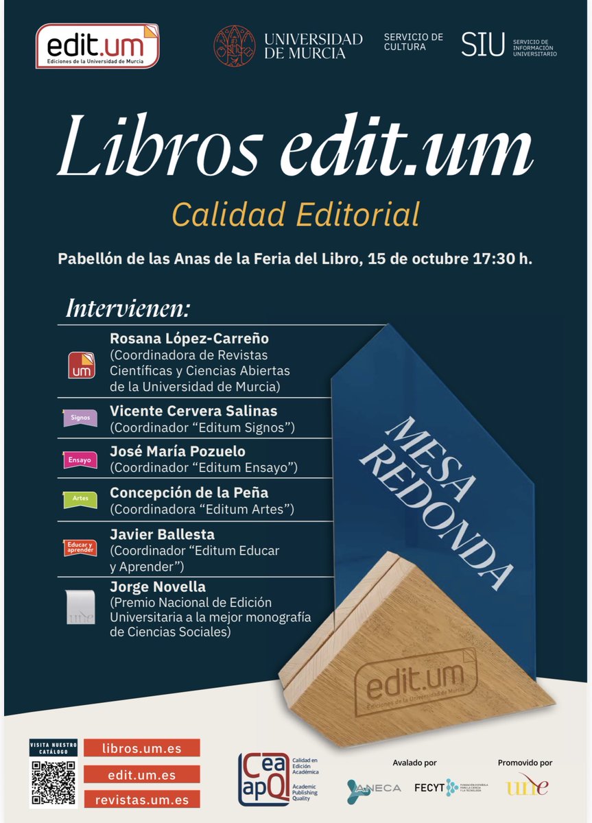 javier_ballesta's tweet photo. MESA REDONDA SOBRE CALIDAD EDITORIAL, JUEVES 15 DE OCTUBRE, 17:30, PABELLÓN DE LAS ANAS EN AVDA. ALFONSO X EL SABIO DE MURCIA @feriaLibroMurci   @UMU @unelibros   @javimamendez @mallemar @manuelmadrid_lv @jesusboludatoro @ORMurcia @laverdad_es @diariolaopinion  #edeucanoticia https://t.co/hz6DNic2ke
