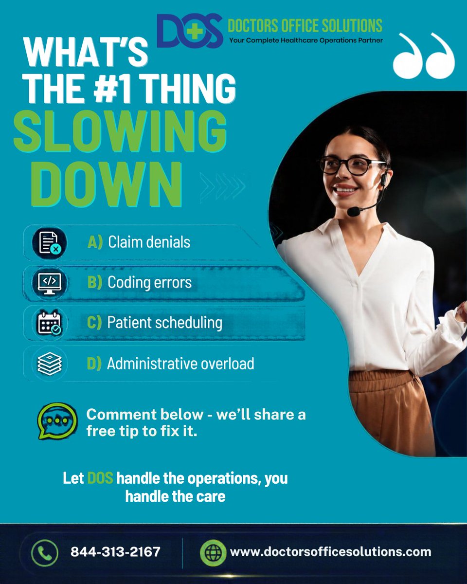 DoctorsOfficeS's tweet photo. What’s the #1 thing slowing down your practice this week?
A) Claim denials 
B) Coding errors 
C) Patient scheduling 
D) Administrative overload 
Comment below we’ll share a free tip to fix it
📞 844-313-2167  https://t.co/5Ik8khj75x
#RevenueCycleManagement #DoctorsOfficeSolutions https://t.co/V1W0ZudPZj