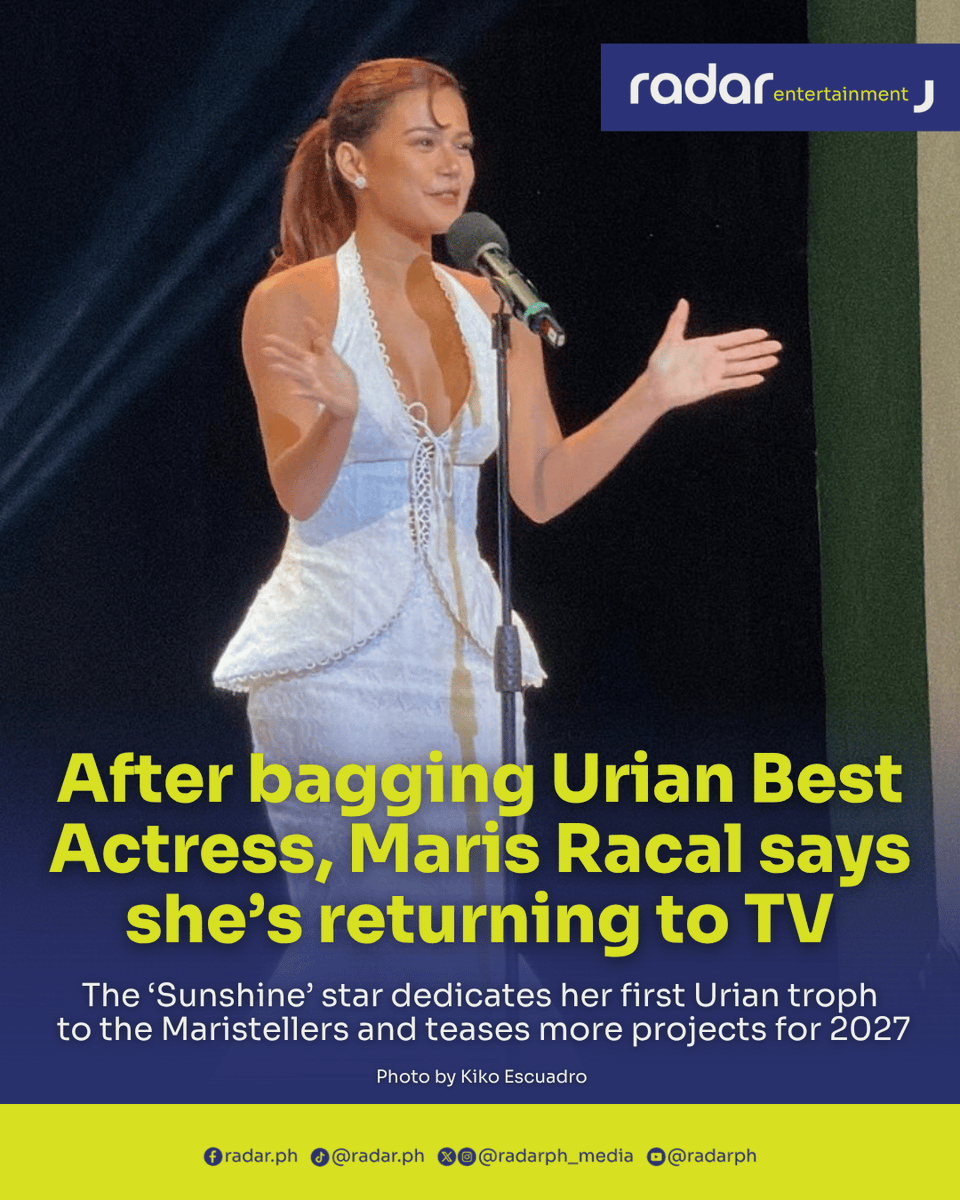 radarph_media's tweet photo. Actress #MarisRacal won her first Gawad Urian for her lead performance in the critically acclaimed film “Sunshine,” marking another milestone in her acting career.

At the 49th Gawad Urian, Maris expressed her happiness over the win while celebrating fellow awardees recognized for their contributions to Philippine cinema.

“Overwhelmed ako ngayon, sobrang happy ko para sa lahat ng winners at siyempre happy ako dahil may iuuwi akong Urian (trophy),” she said.

Inspite of earning one of the most respected acting honors in Philippine cinema, Maris said she felt more excited than pressured by the recognition.

“Wala… walang pressure mas excited pa ako,” the actress shared.

Maris also dedicated the win to her supporters, whom she affectionately calls the Maristellers, as well as the filmmakers and critics who appreciated her performance.

“Sa lahat ng naniniwala sa akin, sa Maristellers, may Urian na tayo, finally! Thank you sa suporta n’yo. Thank you sa Manunuri, sa mga teachers at sa lahat ng naka-appreciate ng performance ko sa ‘Sunshine’ para sa inyong lahat ‘to,” she said.

Directed by Antoinette Jadaone and produced by Project 8 Projects and ANIMA Studios, “Sunshine” follows a 19-year-old gymnast hopeful whose dream of joining the national team is complicated by an unexpected pregnancy shortly before the national team tryouts.

The film explores the difficult choices and societal pressures surrounding unwanted pregnancy as Sunshine searches for abortion pills and encounters a mysterious girl who eerily resembles her in thoughts and behavior.

Maris’ performance earned recognition beyond the local film scene. “Sunshine” won the Crystal Bear for Best Film in the Generation competition at the 75th Berlin International Film Festival in 2025. That same year, Maris received the Best Lead Performance award at the Pinoy Rebyu Awards.

Her first Urian win adds to the recognition she has received for portraying a young woman navigating an unexpected pregnancy and the life changing decisions that follow.

Maris also offered a glimpse of her plans for next year, revealing that she would return to television while preparing for other projects.

“Marami for next year pero for now, naka focus ako sa isang bagay, back to series muna tayo. I can’t say much pero very excited,” she teased.

With her first Gawad Urian secured, Maris is set to return to television as she prepares for her next projects, following a year marked by recognition for her work in “Sunshine.”

(✍️ and 📹 Kiko Escuadro )

#radarPHEntertainment #radarPH
