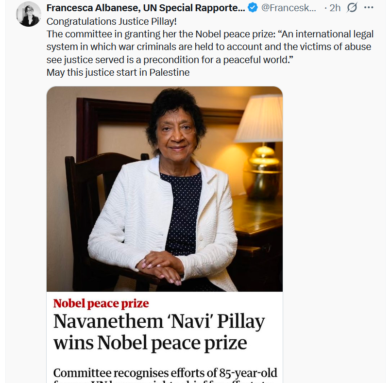 SMaurizi's tweet photo. .@FranceskAlbs deserved the #NobelPeacePrize, however it went to #JusticePillay who had the courage to call out #Israel's #Genocide,and it's important that the prize went to the South,considering how outrageous the complicity of the West in Israel's genocide,first and foremost EU https://t.co/82F9QpVsbh