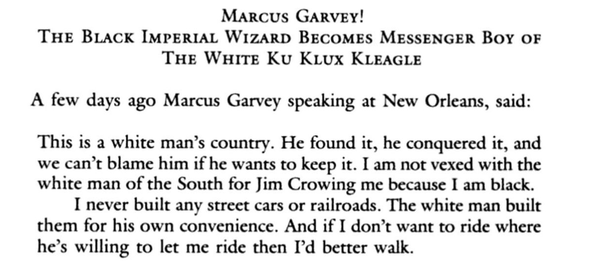 FreedmenUSA's tweet photo. Marcus Garvey was a con man that was run out of Jamaica in disgrace.

When he came to the US he gained the support of white supremacists like Walter Plecker, who helped to finance his back to Africa scam.

Black Americans finally got fed up with his shenanigans and had him deported.