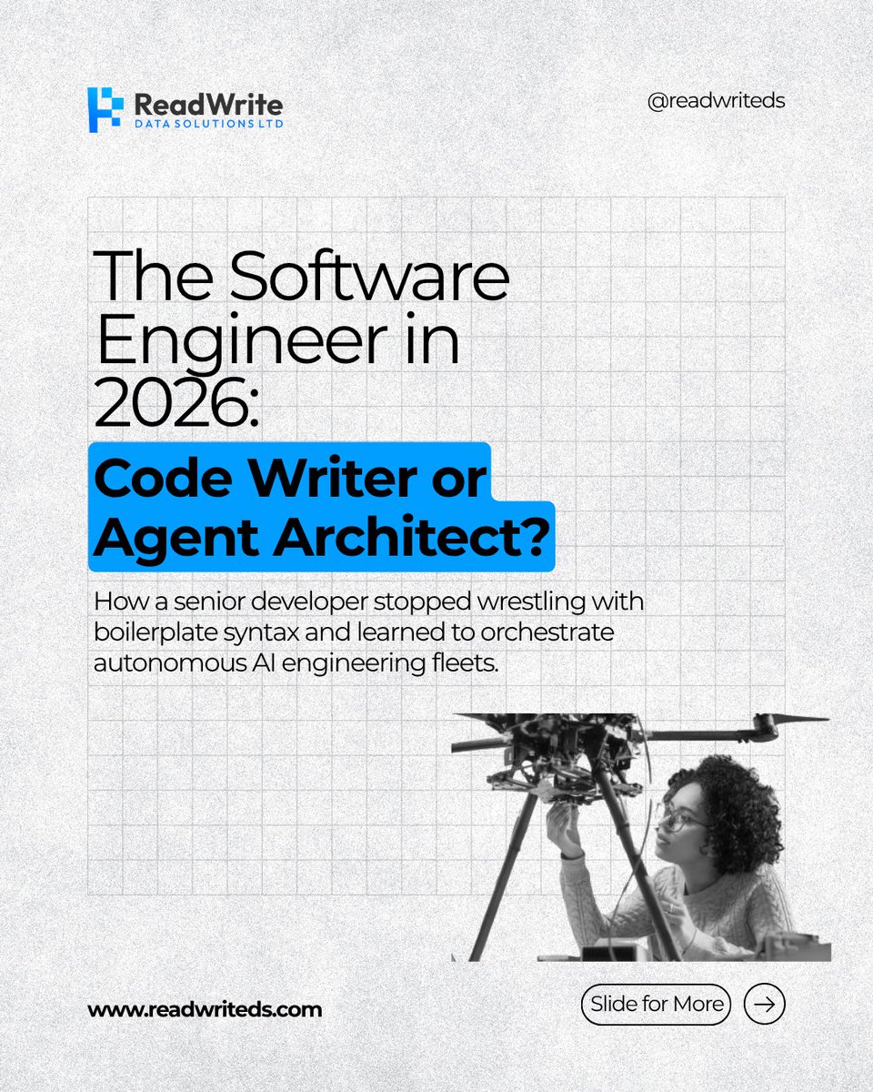 ReadWriteDS's tweet photo. Will AI take your dev job?

No, but a developer who knows how to orchestrate AI agents might outpace you.

The future of software engineering is shifting from writing every line of code to managing multi-agent workflows, guiding AI agents, and validating their outputs. https://t.co/hy2AzHaGtD