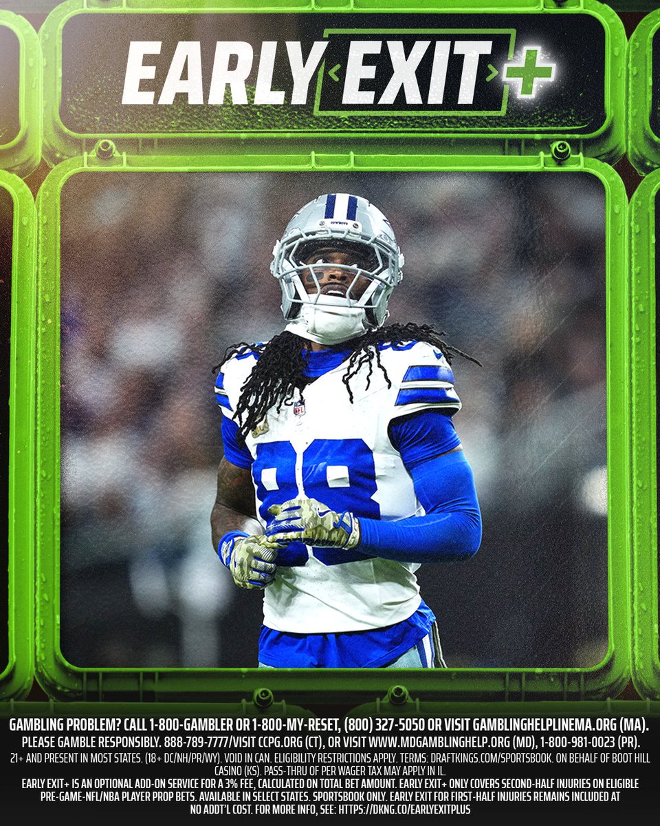 DK_Assist's tweet photo. CeeDee Lamb has been ruled out in the 2nd half — Early Exit+ is in effect 🛡️ 

If you applied Early Exit+ to your bet slip, all qualifying Sportsbook wagers will be honored!

More details: https://t.co/GqYLTh7xpm https://t.co/hNgBVK6VOe
