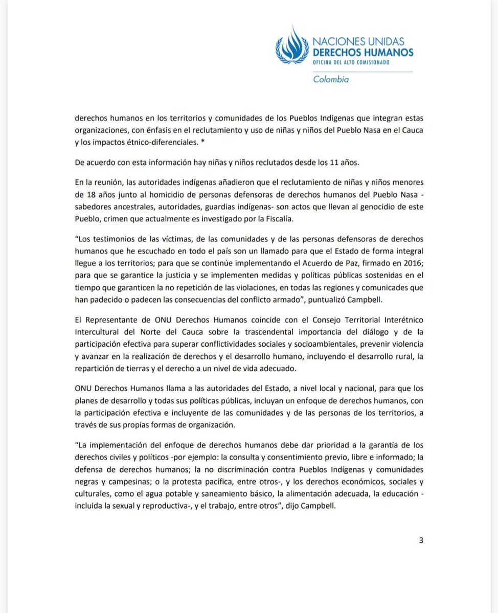 ONUHumanRights's tweet photo. 🔵#Comunicado “Llamo a que se finalice con la estigmatización y los discursos de odio contra las personas defensoras, sus organizaciones y comunidades, pues la seguridad y la construcción de paz tienen como unos de sus pilares: el respeto de los derechos humanos, en lugar de los insultos o las difamaciones, difundidas por diferentes medios, entre ellos redes sociales”, dijo Scott Campbell, representante en Colombia del Alto Comisionado de la ONU para los Derechos Humanos, en su pronunciamiento luego de recibir alegaciones sobre discriminación.
Lee más aquí👇👇
https://t.co/PLwe0ZeNit