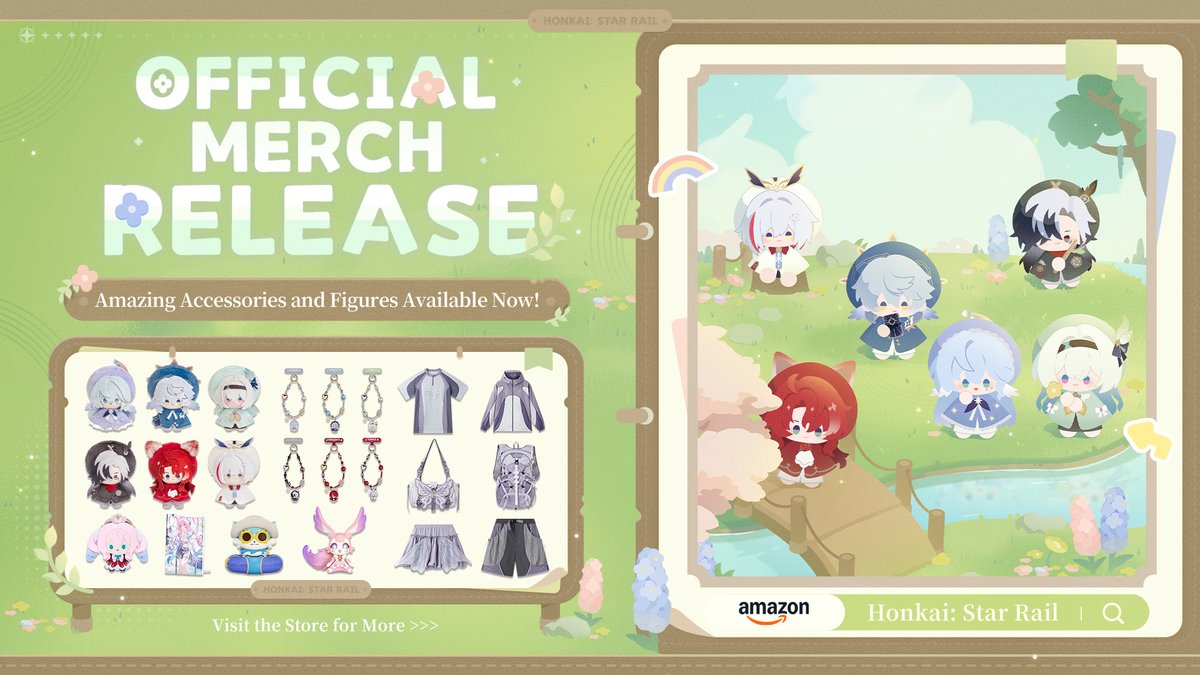 honkaistarrail's tweet photo. New Honkai: Star Rail Merchandise Available on Amazon!

This season's brand-new Seasonal Dolls makes its adorable debut! Vol. 1 of these plush charms features a warm spring theme, featuring 6 characters: Robin, Sunday, Firefly, Boothill, Argenti, and Topaz. Their outfits and hats can be mixed and matched freely for an endless variety of looks~ Vol. 1 of the series's phone strap blind boxes will be available too, boasting exclusive color palettes and intricate details~
The Castorice Impression apparel series is also available now! With purple and gray as the main colors, the apparel details incorporate elements of butterfly patterns, featuring a flowy, dynamic cut~ The apparel includes a tri-proof jacket, tri-proof shorts, a short-sleeved shirt, and a skirt. There will be a crossbody bag and backpack too, and you can easily pull off a playful techwear look~
Plus, there are the highly interactive Whirlwind series Hyacine plush keychain and Huggy Good Smile chibi figures for you to choose from~

〓Promotion Period〓
2026/10/10 00:00:00 – 2026/10/24 23:59:59 (PST)

Go to the store to discover more merchandise and discounts >>>
https://t.co/YpYNyE3huW