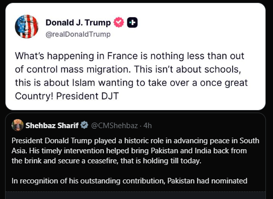 SabeeKazmi786's tweet photo. ٹرمپ کہہ رہا ہے اسلام کی وجہ سے دنیا بھر میں فساد ہورہا ہے فرانس میں مظاہرے سکولوں کی وجہ سے نہیں ہیں اسلام دنیا پر قبضہ کرنا چاہتا ہے۔
شہباز شریف کہہ رہا تم دیوتا ہو، تم امن کے داعی ہو، تم نے جنگیں بند کرواہیں ہیں مائی باپ۔😂😂 https://t.co/l2GSjE8eK2
