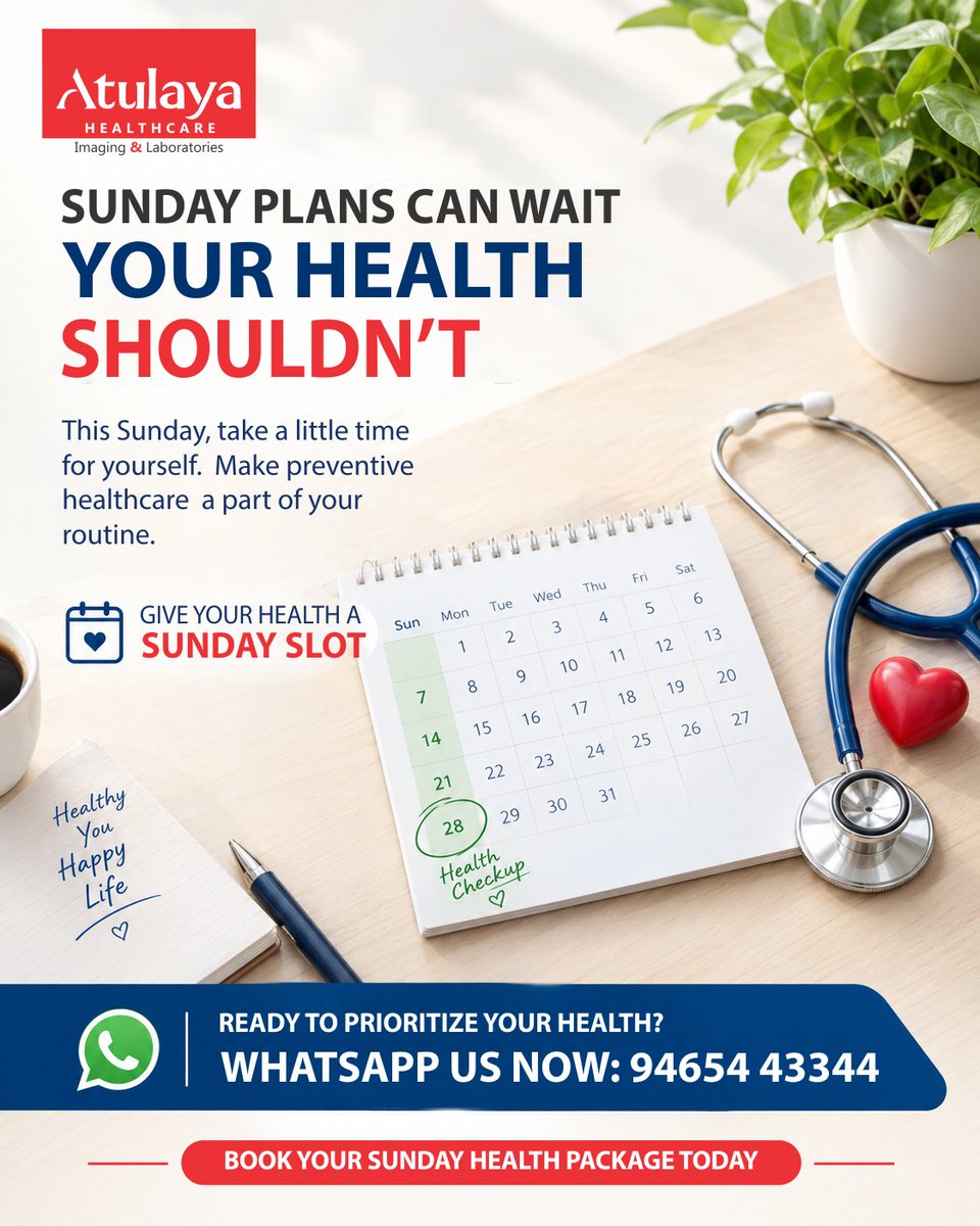 AtulayaHealth's tweet photo. Take a break from the usual Sunday plans and make time for a preventive health check-up. A simple check today can help you stay informed and make healthier choices for tomorrow.
Book your Sunday Health Package today!
#SundayHealthCheckup #PreventiveHealthcare #HealthCheckup https://t.co/6rHfVSNZqw