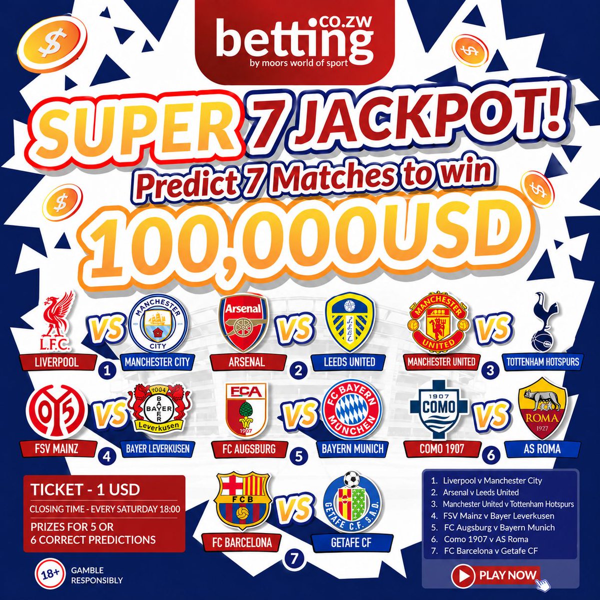 _MWOS's tweet photo. 🔥⚽ 7 Matches. $100,000 USD. Are You In? 💰
Play Now 👇
https://t.co/x4EGpyiKHT
#MWOSMakesWinners
#TheHomeOfSportsBetting https://t.co/IKXQibnI1w