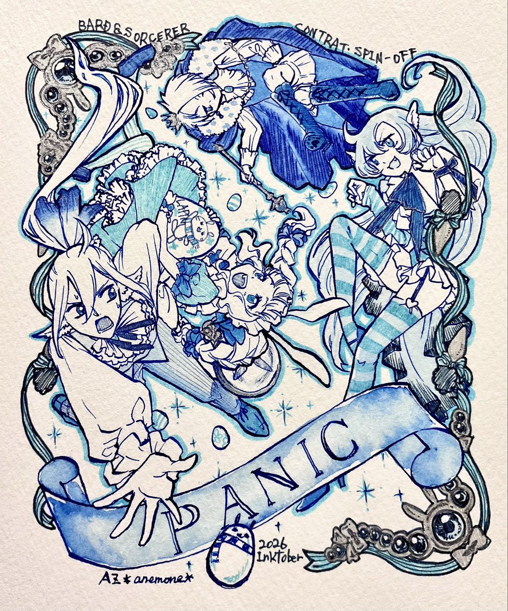 AZ_anemone's tweet photo. #inktober2026  #創作コントラット 
#吟遊詩人と魔法使い 

【PANIC】でイースター・ワンダーランド

ホワイトワトソン水彩紙(239g)
リキテックスリキッド
PIGMA MICRON
COPIC MULTI LINER
Pentel 筆touchサインペン
SigNo ホワイト
Juice up https://t.co/ykGnpoVVtW