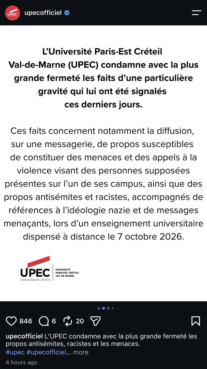SwordOfSalomon's tweet photo. 🚨 COMMUNIQUÉ : La présidence de l’@UPECactus annonce avoir effectué des signalements auprès du procureur de la République sur le fondement de l’article 40 du Code de procédure pénale, ainsi qu’avoir saisi les services de police.

La protection fonctionnelle a été accordée à l’enseignant menacé et visé par des propos antijuifs.

Nous espérons que Salma Nouari sera exclue de l’université, ainsi que les autres étudiants responsables de menaces, de propos antijuifs et de dessins nazis lors du cours de droit en visioconférence.

cc @PhBaptiste @DroitUPEC @Prefet94