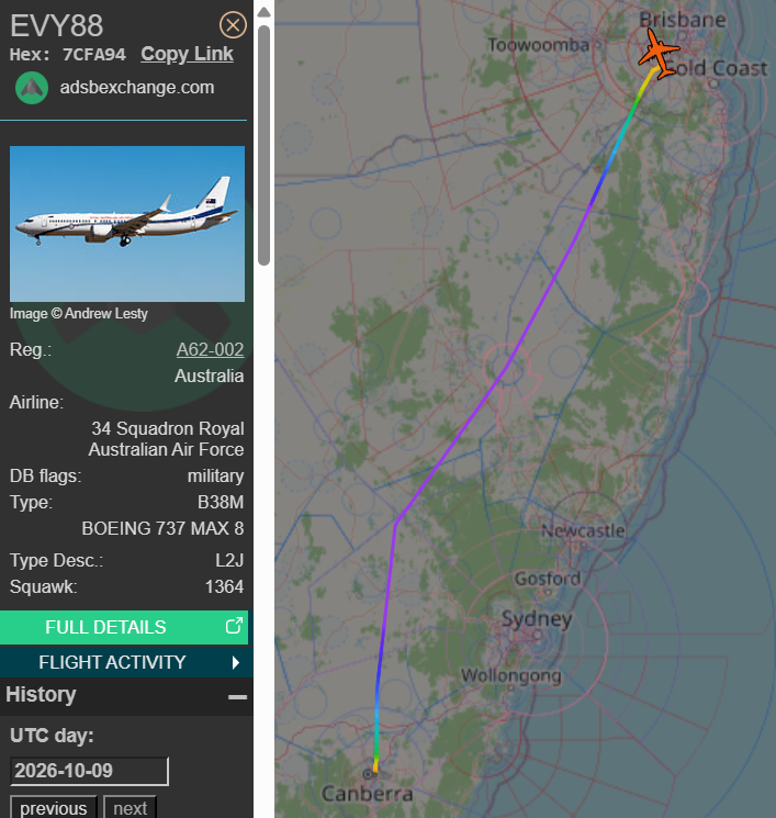 raaf_vip's tweet photo. Boeing 737 MAX 8 BBJ // A62-002 // Envoy 88

Route: Canberra (CBR) - RAAF Amberley (YAMB)
🛫: 01:06 UTC on 09/10/2026
🛬: 02:23 UTC

#RAAF #AusAirForce #A62002 #QLD #RAAFAmberley https://t.co/53QYBlsEew