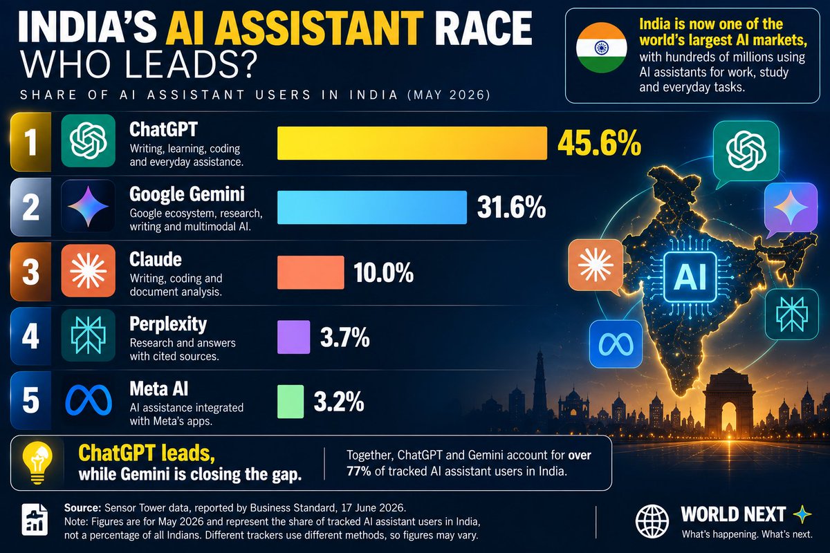 WorldNextHQ's tweet photo. @beatsinbrief Top AI Assistants by User Share in India (2026) 🤖 |

ChatGPT 45.6%
███████████████████████
Google Gemini 31.6%
████████████████
Claude 10.0%  
█████
Perplexity 3.7%  
██
Meta AI 3.2%  
██

World Next ✧ https://t.co/JzDWha9DV9