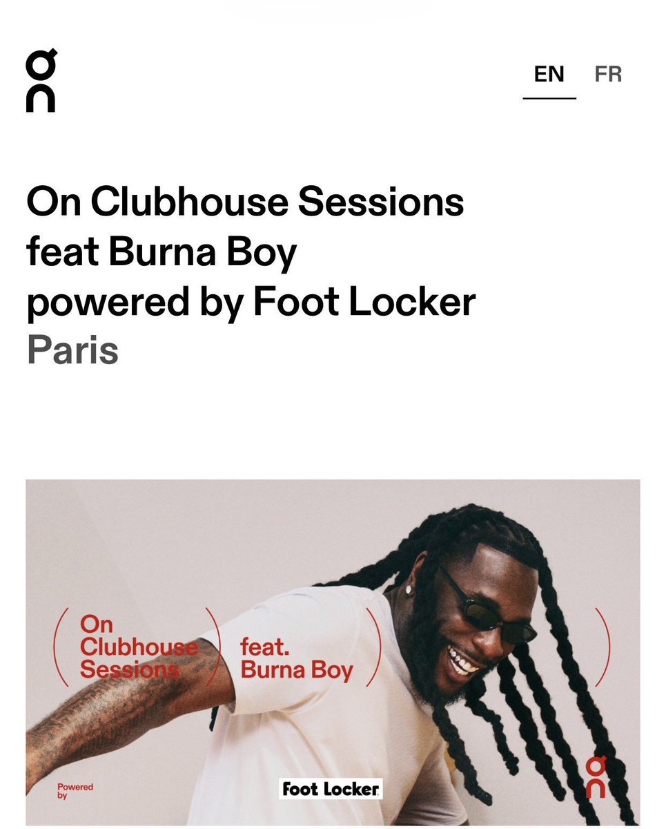 tbboulevard's tweet photo. 🚨 BURNA BOY x ON RUNNING x FOOT LOCKER 🇫🇷

On October 23, Burna Boy brings the “On Clubhouse Sessions” to Paris, combining music, emerging talent and his limited-edition On collection.

▫️ Handpicking the next generation of talent
▫️ Celebrating his limited-edition On drop
▫️ Performing an intimate, close-quarters set