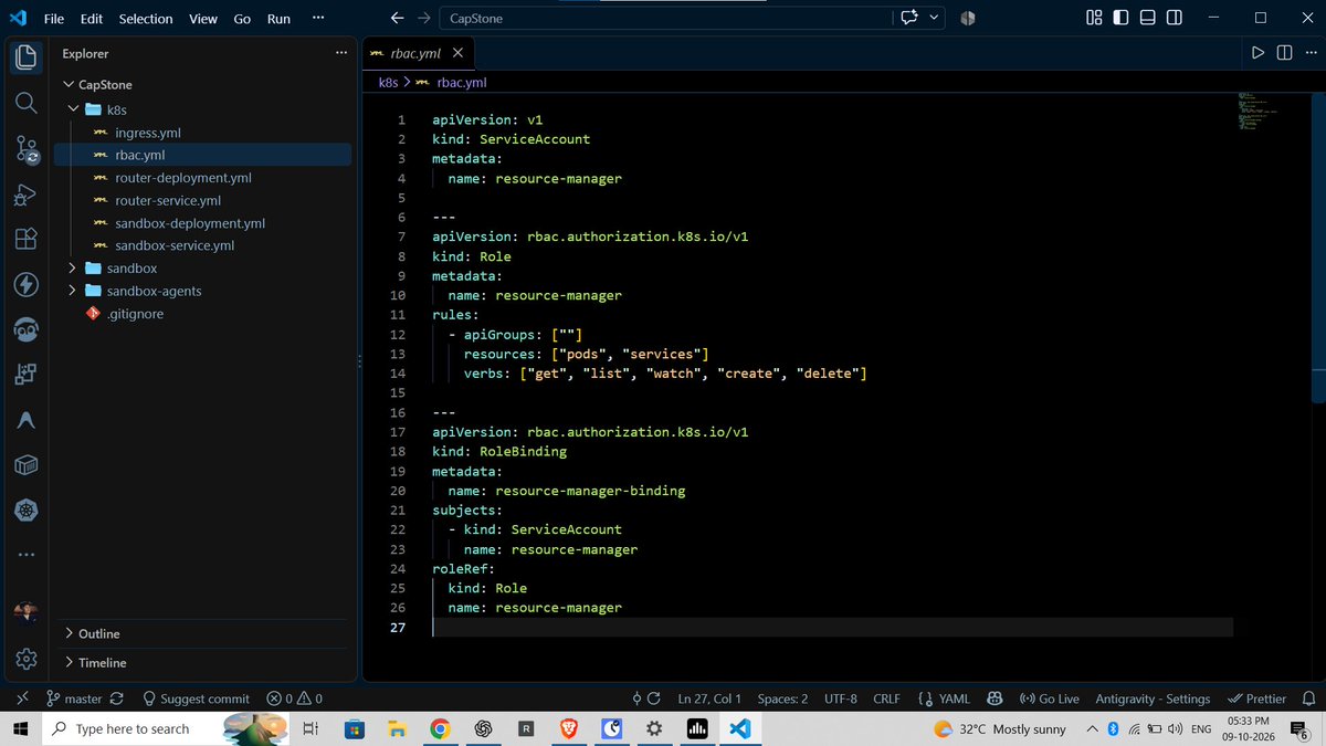 iamarunkumar27's tweet photo. CODESPACE - Day 2 ✅

Today , I continued working on my  project and explored how to manage sandbox environments using Kubernetes.

Today's progress:

• Kubernetes RBAC : Configured a ServiceAccount, Role, and RoleBinding to manage access to Kubernetes resources.

• Dynamic Pod Creation : Worked on creating sandbox Pods programmatically using the Kubernetes Node.js client.

• Service Management : Implemented dynamic ClusterIP Service creation to expose individual sandbox environments internally.

• Reverse Proxy : Set up proxy middleware using Express.js to route requests to the appropriate sandbox.

• Health Checks : Added liveness and readiness endpoints to monitor service health.

• Docker : Configure container images using Node.js Alpine and set up the development environment.

• Resource Management : Defined CPU and memory requests and limits for sandbox containers.

• Key learning : How backend code can interact with the Kubernetes API to create resources dynamically and route requests between services.

Still learning, building, and improving one step at a time. 

#Kubernetes #Docker #NodeJS #Microservices #DevOps #BackendDevelopment #BuildInPublic 

@sheryians_  @ankurdotio 
@harshvsharmaa