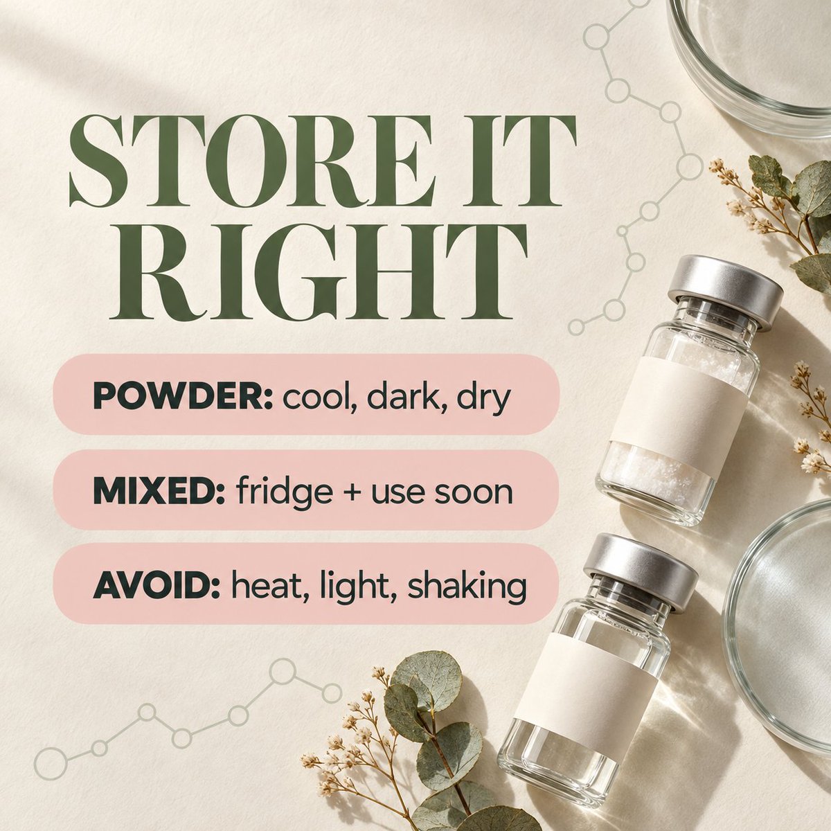 Freyapep's tweet photo. Peptide storage cheat sheet I wish someone gave me on day one.

Powder: cool, dark, dry.
Mixed: fridge, and use it soon.
Avoid: heat, light, and shaking the vial.

What's your storage setup? #peptides #peptideresearch https://t.co/IIrFscYdlk