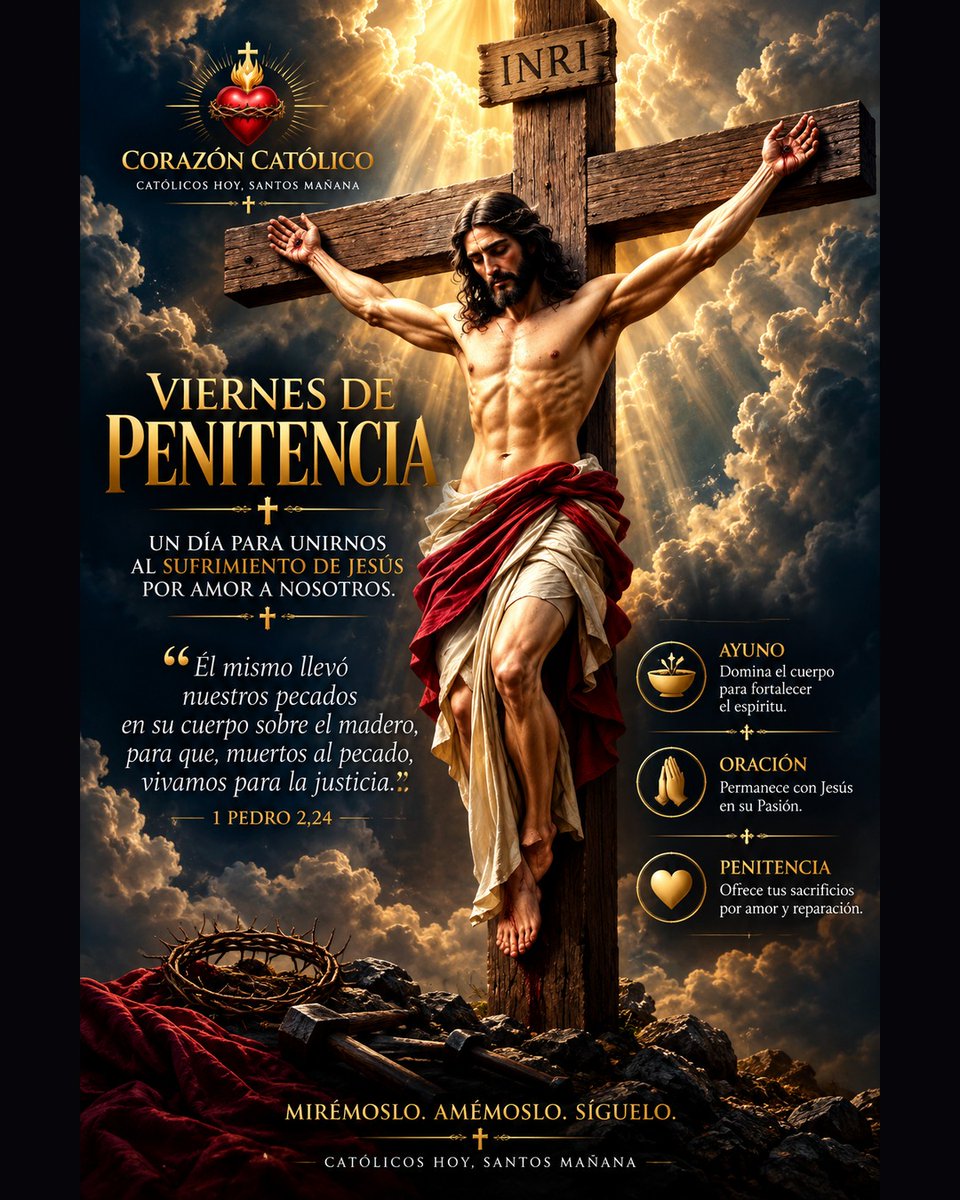 CorazonCatolic0's tweet photo. Perdón y penitencia no son lo mismo. Dios perdona la culpa; la penitencia sana el daño que el pecado deja (CCC 1471). El viernes es parte de esa sanación, no un pago.

Guarda y comparte 🙏

#ViernesDePenitencia #Indulgencias #CatecismoCatolico #CristoCrucificado #FYP https://t.co/6KcaHgkOtN