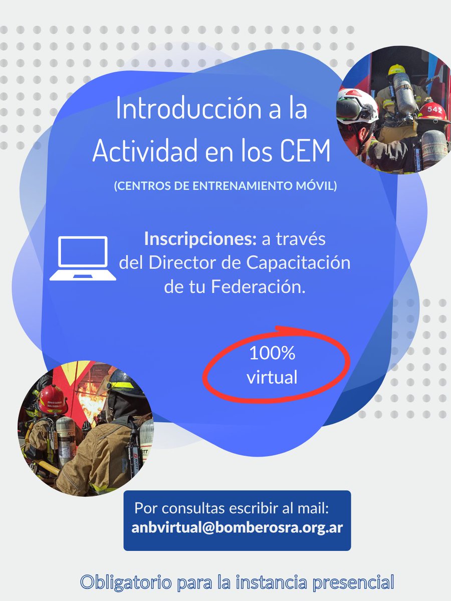 bomberosRA's tweet photo. #InscripcionesAbiertas
- Introducción a la actividad en los CEM (Centros de Entrenamiento Móvil): https://t.co/D2hx0xC0QE
-Introducción al Socorrismo: Anatomía y Fisiología: https://t.co/SmoVPJqOwL
-Introducción a Socorrismo: Manejo de Emergencias RCP-DEA: https://t.co/xzL9fCXHP9 https://t.co/ucAj99fAiR