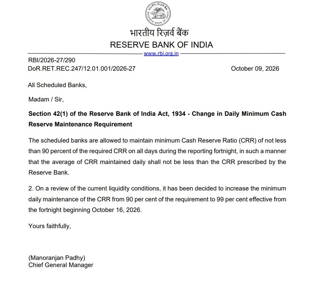 _RituSingh's tweet photo. RBI hikes minimum daily maintenance of CRR to 99% from 90% w.e.f fortnight beginning October 16, 2026

@CNBCTV18Live https://t.co/Sdbs9C2t8Z