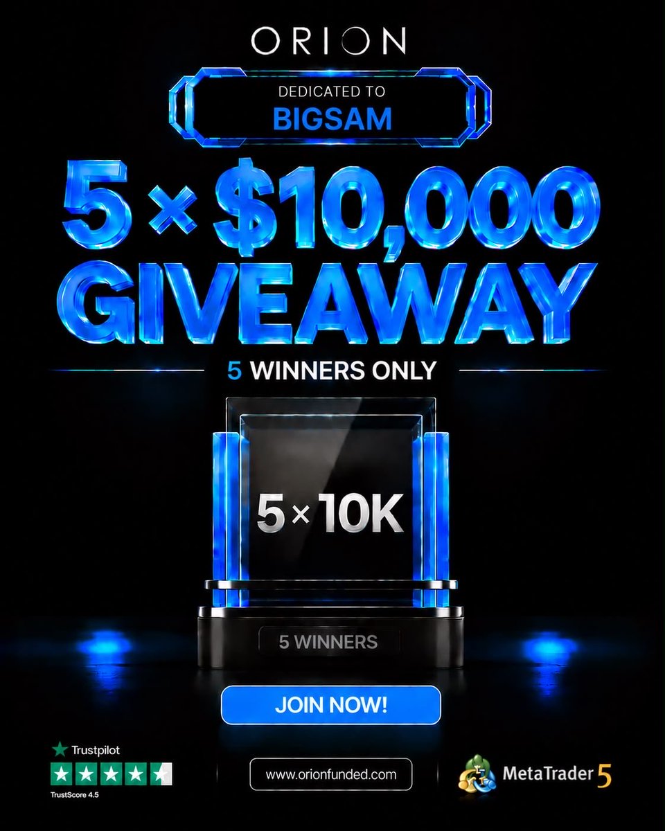 TradeWithBigSam's tweet photo. 🎁 5 × $10,000 Orionfunded Challenge Accounts 🚀

To participate, complete the following steps:

✅ Follow @orionfundedcom, @OrionAffiliates & @TradeWithBigSam
✅ Like, Repost & Tag 3 Traders in the comments 

🎟️ Use my discount code BIGSAM for 50% OFF your first challenge

Winners in 72 hours⏳