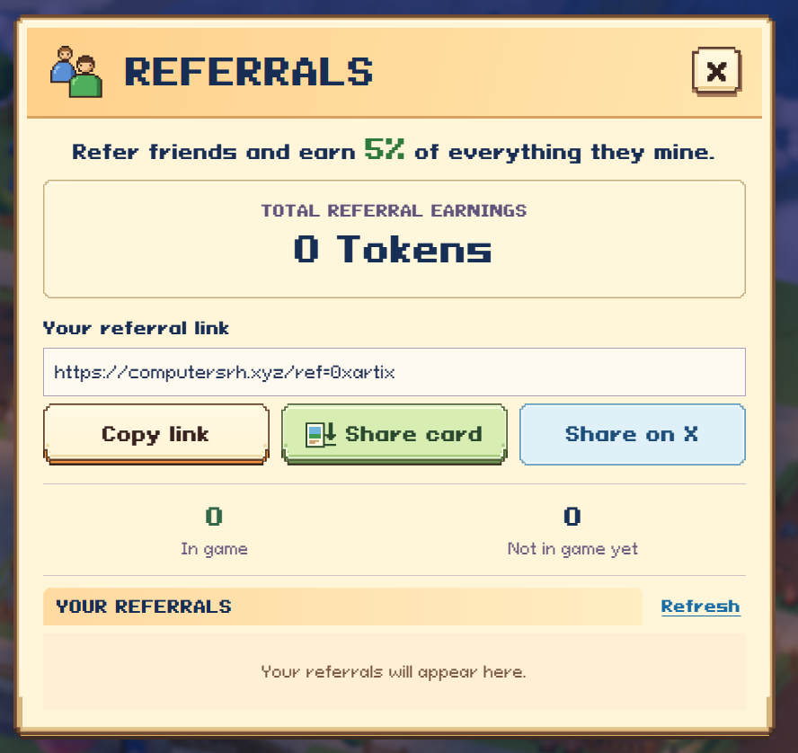 0xArtix's tweet photo. 3,600+ players are already building their islands in @ComputersRh 🏝️

Public opening in under 3 hours (4 PM UTC). 
When you get in, don't forget to create your referral link and cards from REFERRALS tab and share them.

You earn 5% of everything your referrals mine, forever. ⛏️

More dev updates coming later after launch. 👀