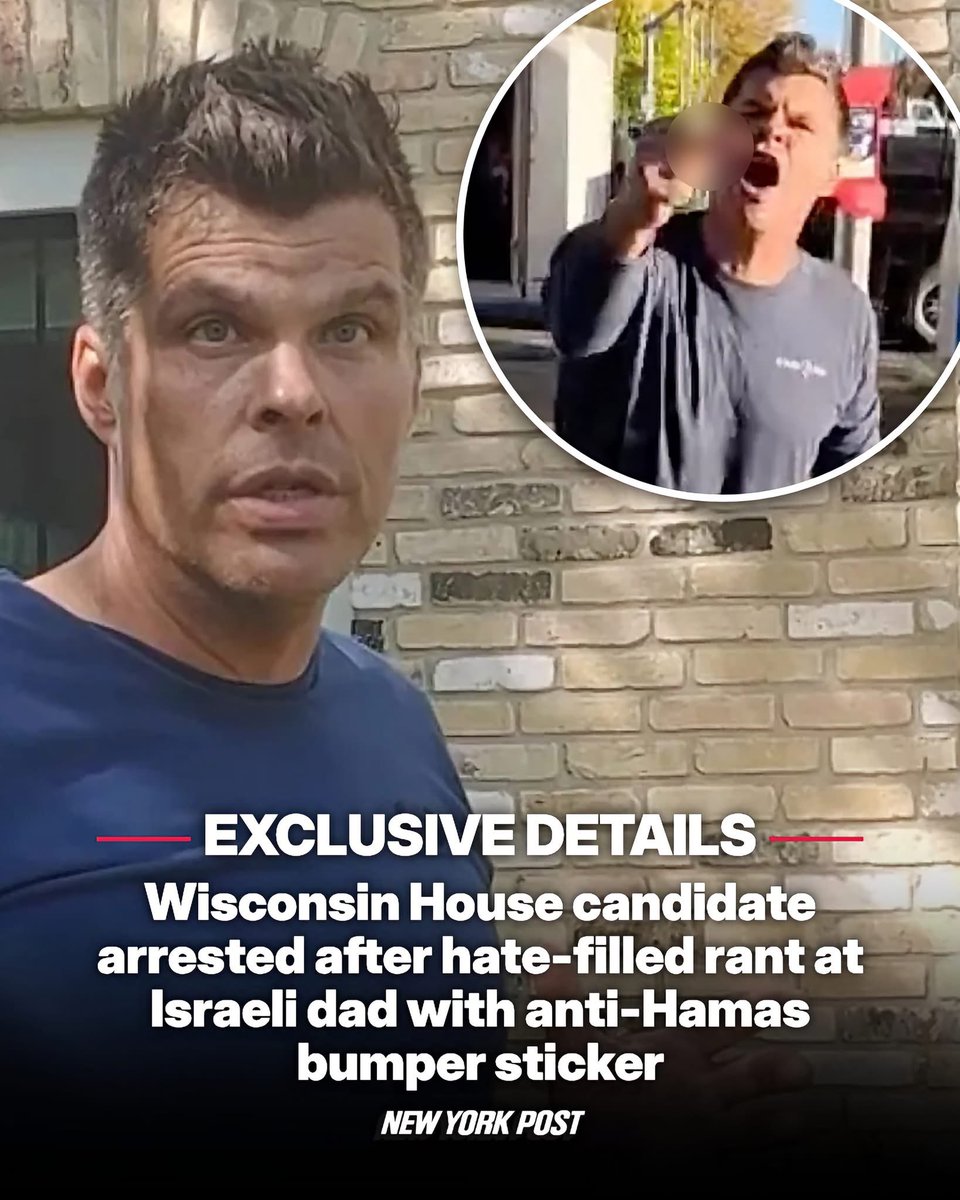 nettermike's tweet photo. Wisconsin congressional candidate has been arrested on hate crime charges after he went on a vulgar caught-on-camera rant against an Israeli dad with his young son in the car — after he was triggered by an anti-Hamas bumper sticker.
Matthew Arndt, 54, allegedly cut off the 41-year-old father on a road in the Milwaukee suburb of Mequon Thursday morning, flipping him the bird and cursing at him before pulling into a gas station, where the dad followed him and began filming the explosive encounter.