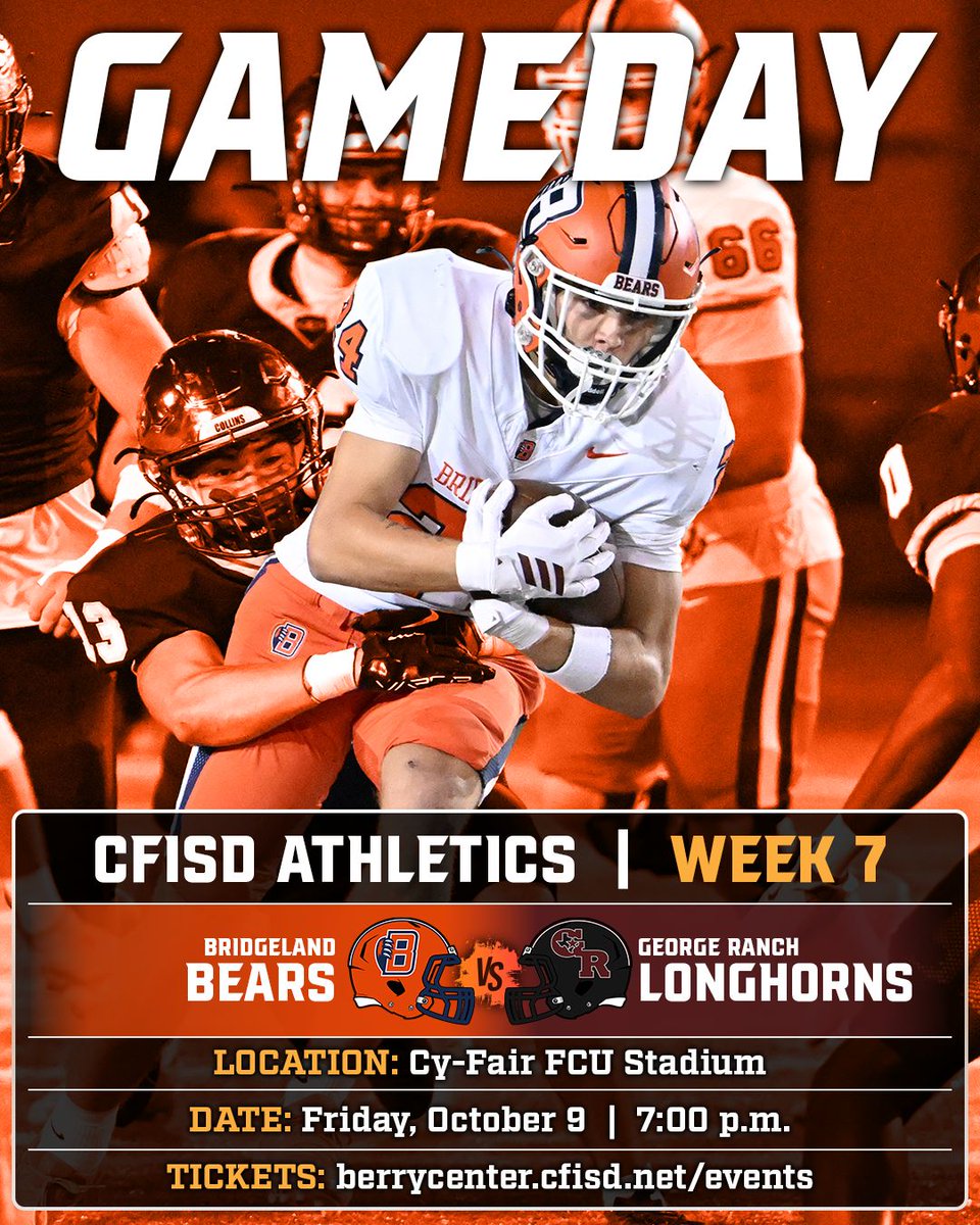 BerryCenter's tweet photo. 🏈 @BridgelandFB 🆚 @GRHS_Football
⏰ 7:00 p.m. | 🏟 Cy-Fair FCU Stadium
🔥 Friday Night Lights return with another exciting District 23-6A showdown.
#CFISDFootball @CFISDAthletics https://t.co/OzTBDQqIW7