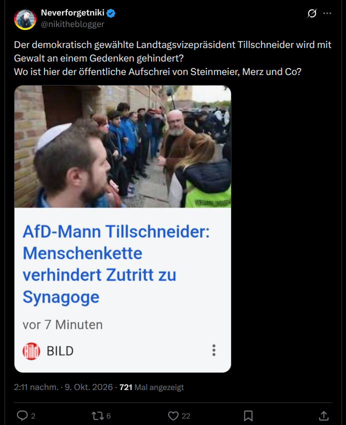NikithebIocker's tweet photo. BOMBE !

Niklas Lotz ist entsetzt, dass eine friedliche Menschenkette verhindern will, daß ein Abgeordneter der rechtsextremen, antisemitischen #AfD an der Trauerfeier zum rechtsextremen Anschlag in #Halle teilnimmt.

Spricht deshalb von Gewalt!
friedliche Menschenkette = Gewalt! https://t.co/UbTDoVlc4X