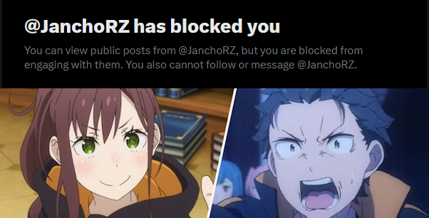 Malik87669836's tweet photo. Re:Zero Hardcore glazer JanchoRZ blocked me.

because I actually criticize Re:Zero instead of blindly glazing it. I love Re:Zero, but not everything is a 10/10.

If Subaru spent an entire season taking a shit, he’d still call it peak fiction, he's a amazing guy and the best AOTY! https://t.co/nMV8fBleoO