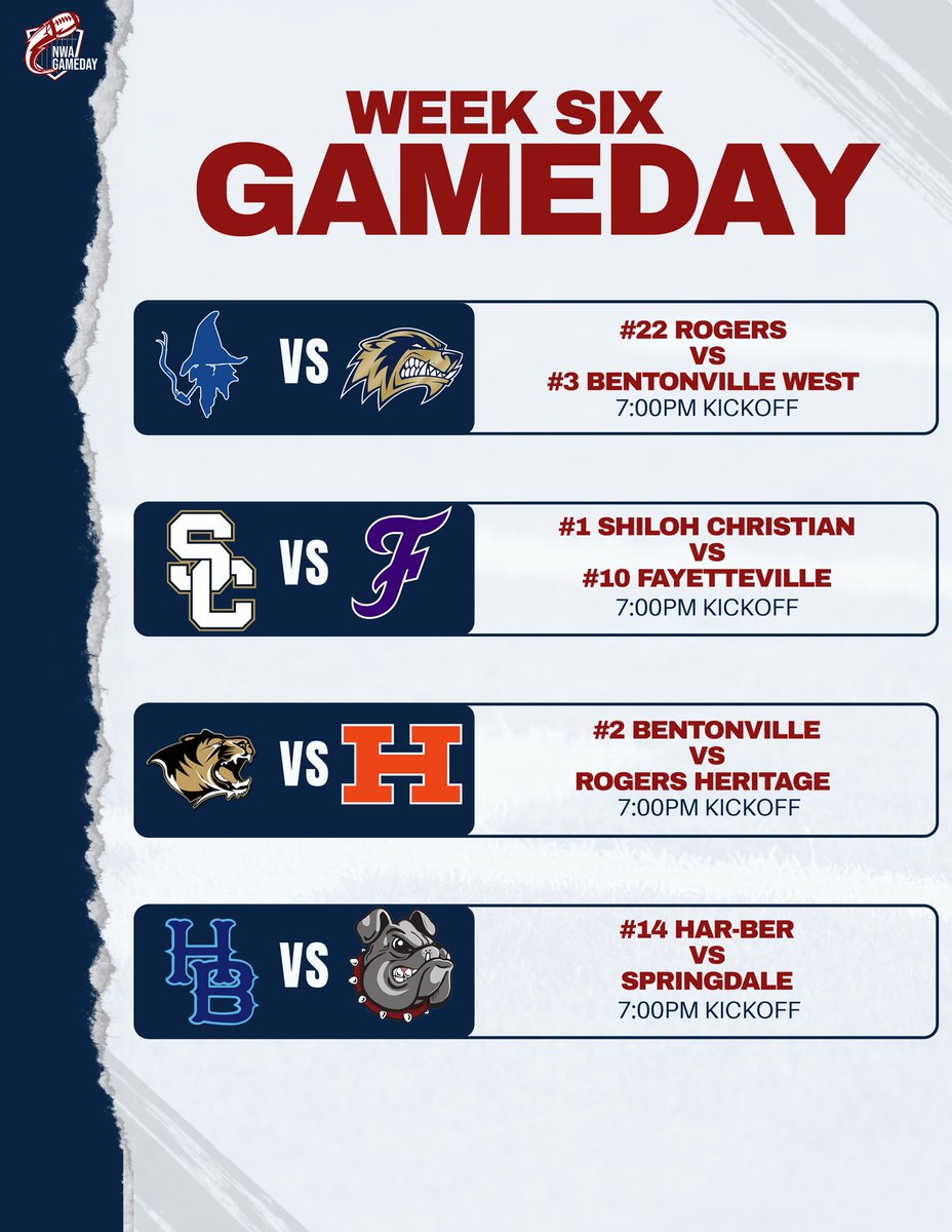 NWAGameday's tweet photo. 🏈 WEEK 6 IS HERE 🏈

The road to the playoffs gets a little clearer tonight as the 7A West teams battle across NWA. 

Which matchup are you watching? 👀

#fridaynightlights #nwagameday https://t.co/e8NJuJTOKa