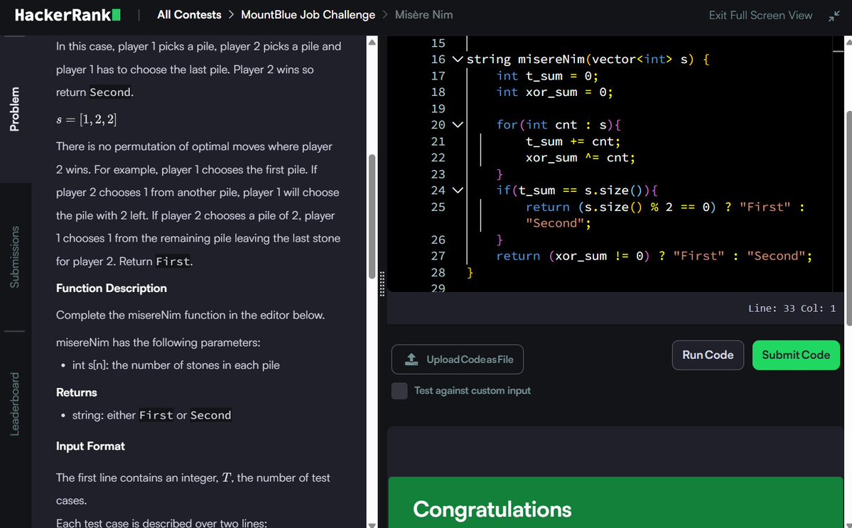 Muskanm_1227's tweet photo. Day 154/200 #200DaysOfCode | Daily DSA Practice Part 1 ⚡

1. Misère Nim: O(N) TC | O(1) SC
2. Jumping on the Clouds: O(N) TC | O(1) SC
3. Gemstones: O(N * L) TC | O(1) SC
4. Two Strings: O(N + M) TC | O(N) SC

#DSA #HackerRank #Cpp #Coding #Assessment #MountBlue https://t.co/Rp9DLLTYOd