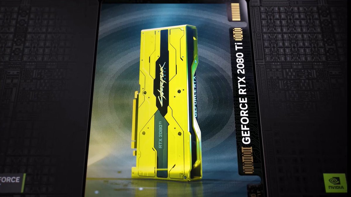 Close-up packaging for an NVIDIA GeForce RTX 2080 Ti Cyberpunk 2077 edition graphics card, prominently featuring its yellow and black design.