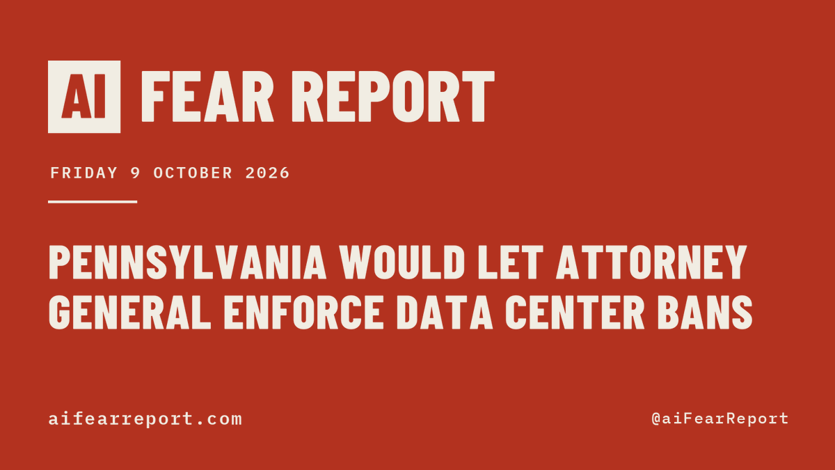 aiFearReport's tweet photo. Here is how your fear of AI is being used to centralize power today.

Pennsylvania would give the Attorney General the power to enforce bans on data centers being developed or operated by certain foreign entities. Not passed.

170 measures in 40 jurisdictions would require a label, watermark, or disclosure on AI content, or a notice to the people AI is used on.

90 measures in 29 jurisdictions cite the fear that data centers are taking the power and the water.

2,245 measures tracked. 755 carry a control, and they would hand new power to 100 offices.
