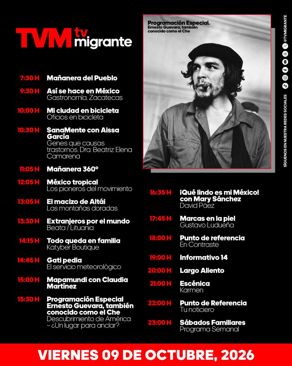 TvMigrante's tweet photo. 🕯️ A 59 años de su muerte, recordemos al #CheGuevara...

Médico, guerrillero y uno de los protagonistas de la Revolución Cubana, que recorrió América Latina y convirtió sus experiencias en una visión política que marcó el siglo XX.

📆9 oct ⏰15:30h
📺14.2|14.3|16.2📲@mxplus_tv https://t.co/7rtCXD39r7