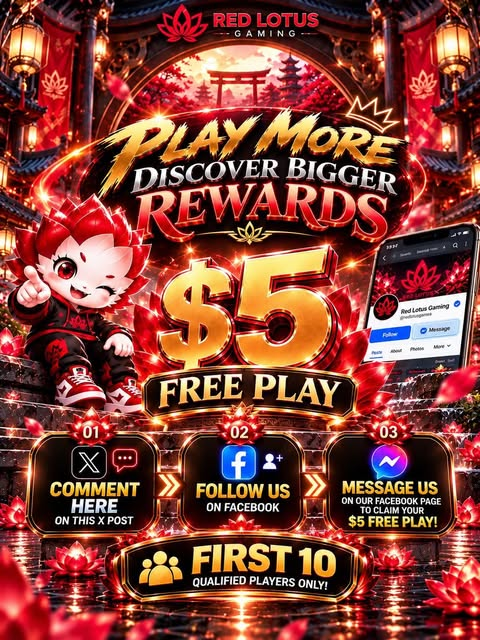 RedLotusGaming1's tweet photo. 📷 Join the Red Lotus Gaming community!  📷 $5 FREE PLAY for the first 10 qualified players!  📷 Comment on this post 📷 Follow us on Facebook 📷 Message our page to check eligibility!  #RedLotusGaming #FreePlay #GamingCommunity https://t.co/aADeuEZiWb