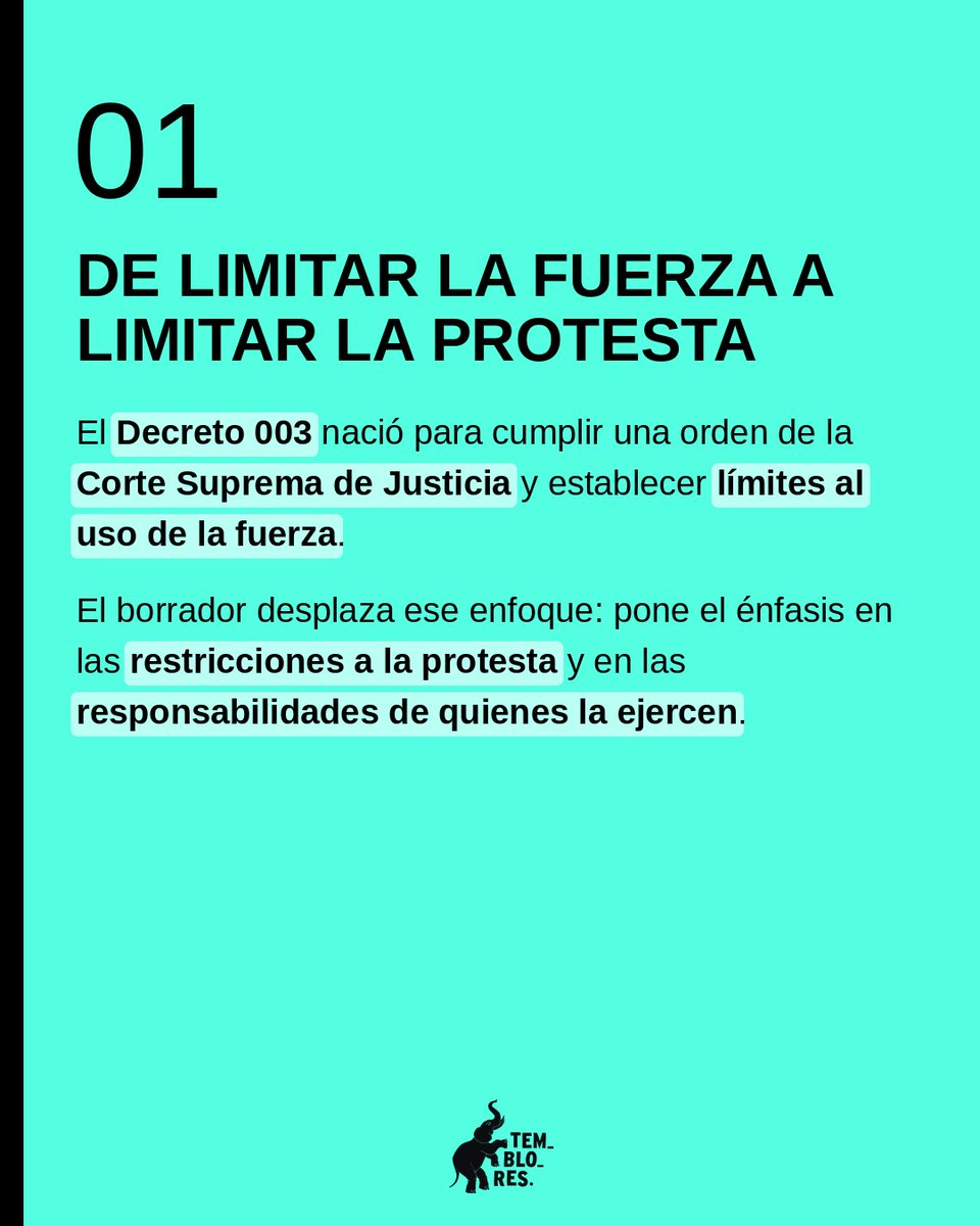 TembloresOng's tweet photo. Frente a la modificación del Decreto 003 que el ministro @Rodrigo_Lara_ anunció que será firmado hoy, desde Temblores ONG advertimos que debilita el diálogo, amplía la discrecionalidad policial y puede desincentivar la protesta. 🧵 https://t.co/YHDVOAMawY