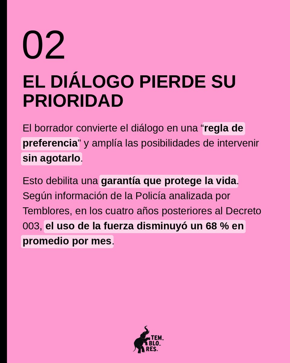 TembloresOng's tweet photo. Frente a la modificación del Decreto 003 que el ministro @Rodrigo_Lara_ anunció que será firmado hoy, desde Temblores ONG advertimos que debilita el diálogo, amplía la discrecionalidad policial y puede desincentivar la protesta. 🧵 https://t.co/YHDVOAMawY
