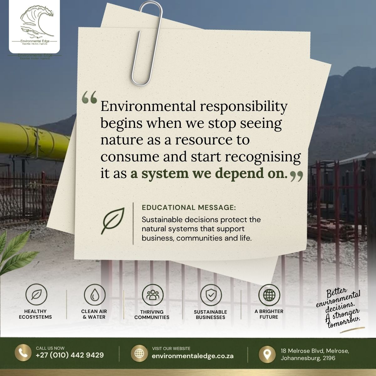 EnviEdge's tweet photo. 🌿 Nature is more than a resource to consume. Every sustainable decision helps protect our ecosystems, communities and future generations.

We believe responsible choices create lasting impact. 🌍

#Sustainability #EnvironmentalEdge #EnvironmentalResponsibility https://t.co/7bN9pwkJXN