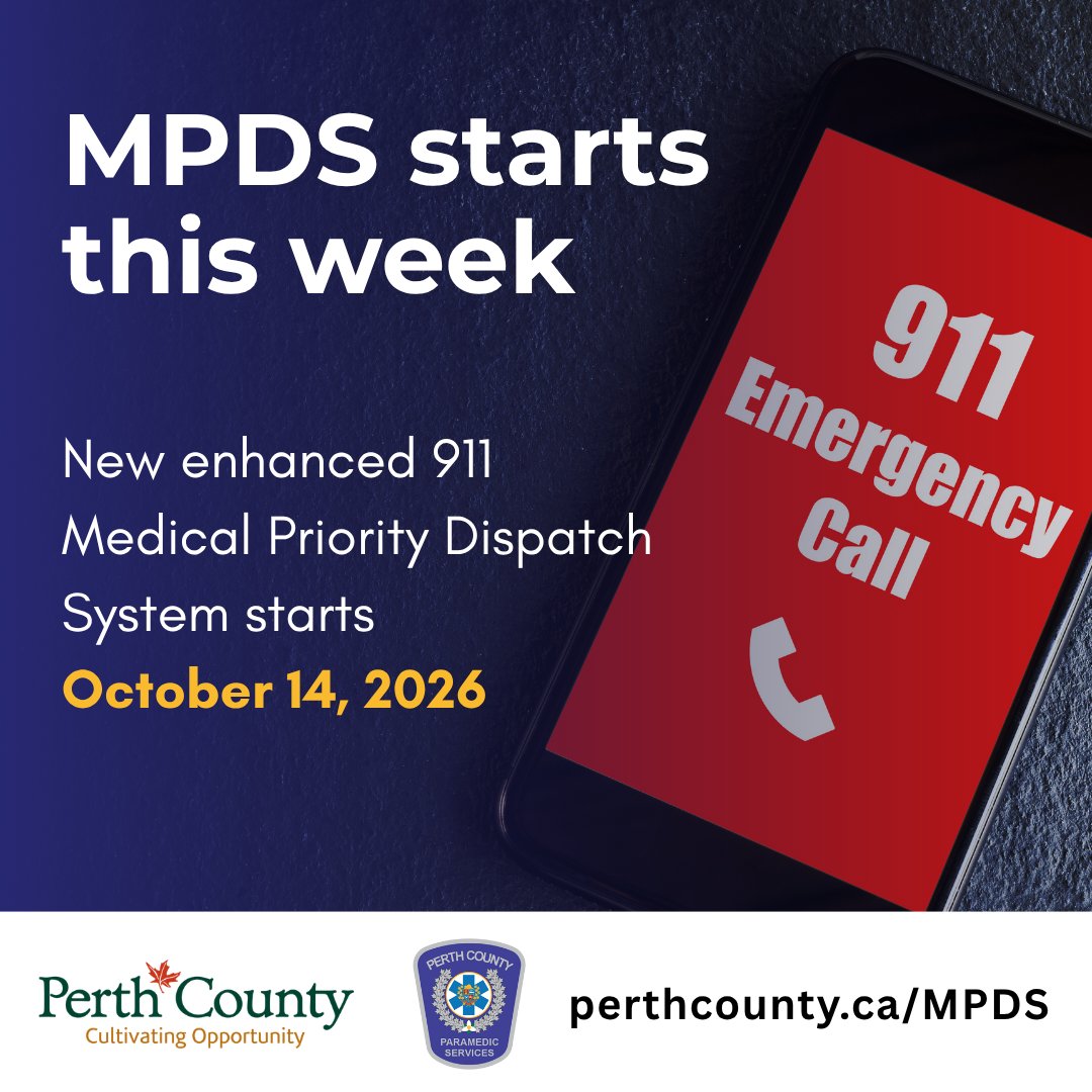 PerthCounty's tweet photo. 🚑 MPDS starts October 14!
Perth County’s new Medical Priority Dispatch System will help prioritize medical 911 calls based on patient needs and ensure the right resources reach those who need them most.

Learn more: https://t.co/FEjG59i1fL
#PerthCounty #MPDS https://t.co/09INoXHlVf