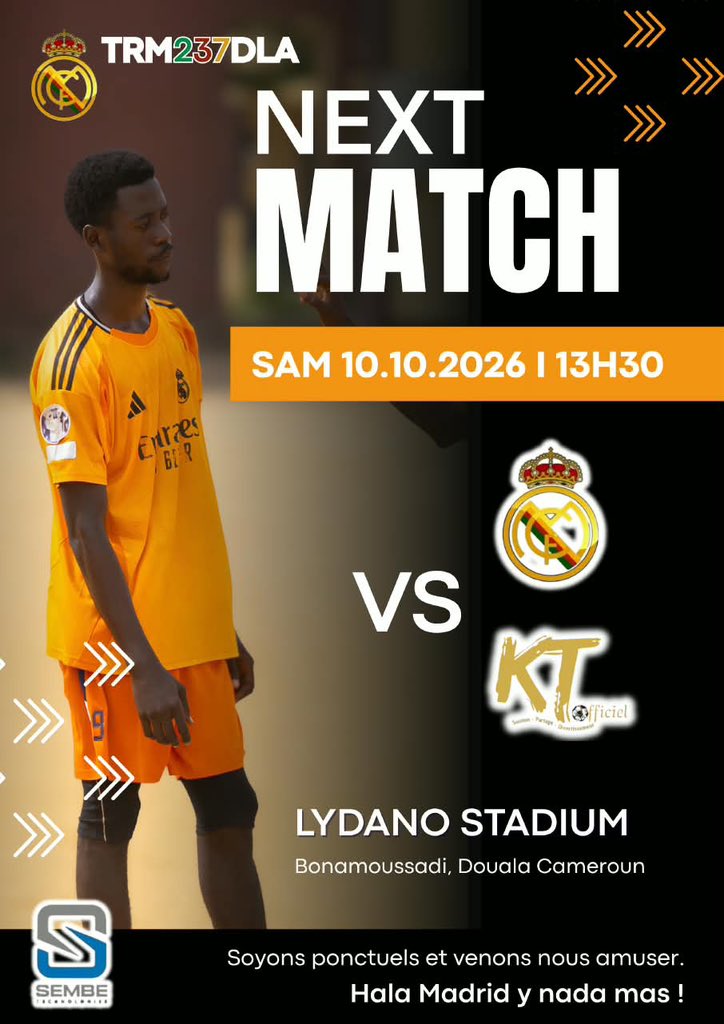 RMA237douala's tweet photo. 🚨⚽ NEXT MATCH !

🆚 Team Real Madrid 237 DLA vs KTO
📅 Samedi 10 octobre | 🕜 13h30
📍 Lydano Stadium, Bonamoussadi

Soyons ponctuels et venons nous amuser ! 🤍💛

#HalaMadrid y nada más ! 👑 #SEMBE_Techonologies #My2_0 https://t.co/hm0eDRrkov