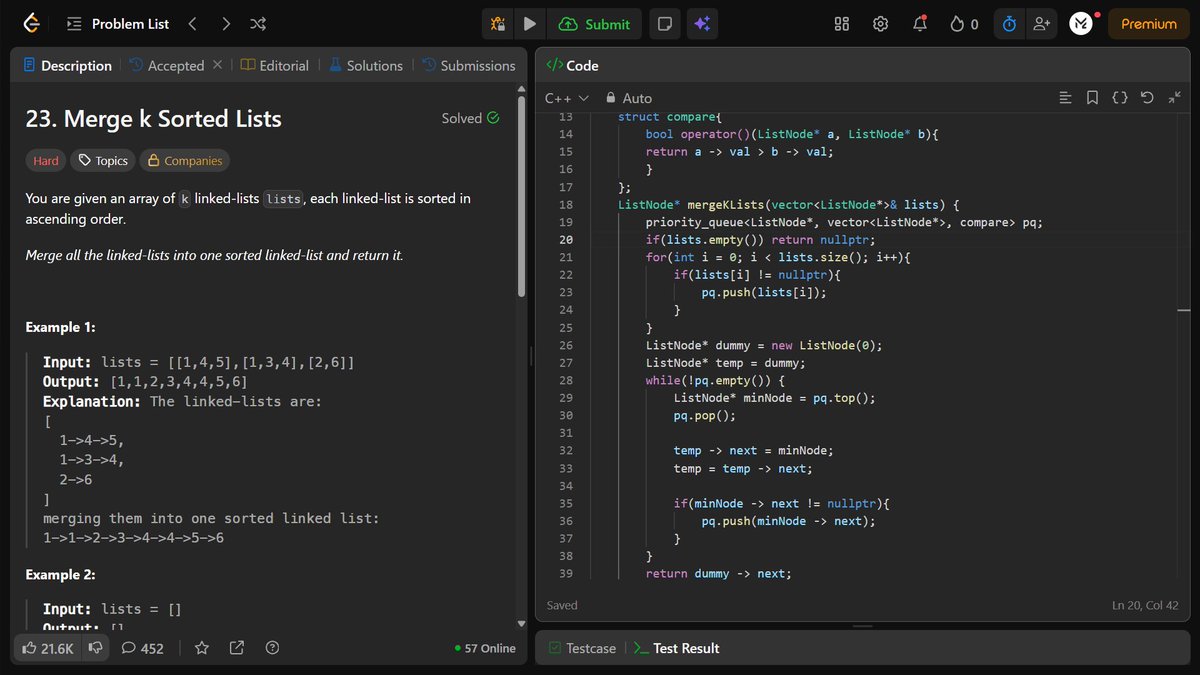 Muskanm_1227's tweet photo. Day 154/200 #200DaysOfCode | Daily DSA Practice Part 2 ⚡

5. Merge k Sorted Lists (Min-Heap / Priority Queue):
• TC: O(N log k)
• SC: O(k)

Optimal heap approach for merging k lists! 👇

#DSA #LeetCode #Cpp #Coding #DataStructures #Practice https://t.co/2aJb3pDX9P