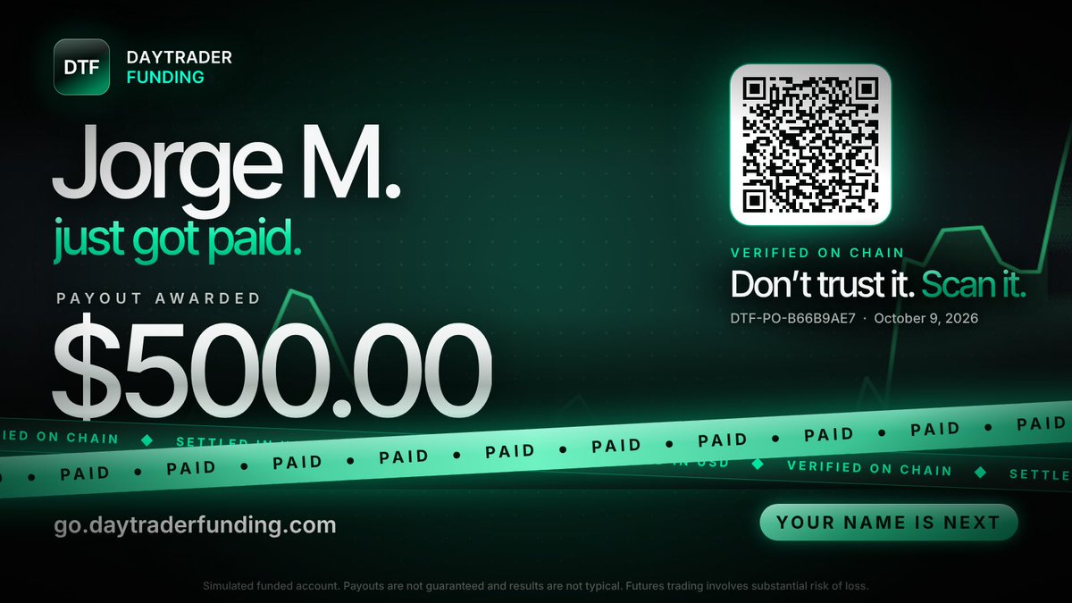 DayTraderFundin's tweet photo. Jorge M. just got paid $500. ⠀ Funded, traded, paid. Settled in USD and verified on chain, scan the QR and check it yourself. ⠀ Your name is next 👇 https://t.co/SOWExJOYjq https://t.co/UW6LVivopu